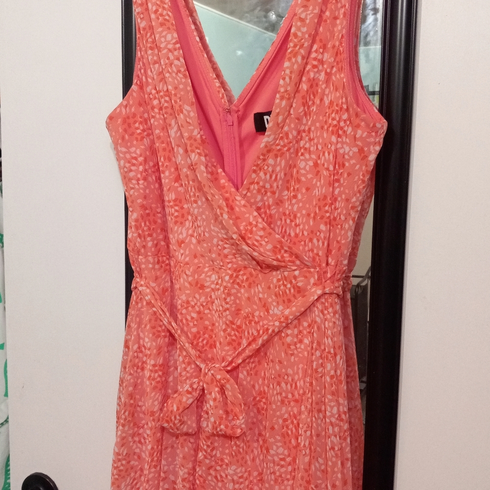 🧁B2G1🧁 DKNY Coral High Low Faux-Wrap Dress with Tie - Picture 2 of 13